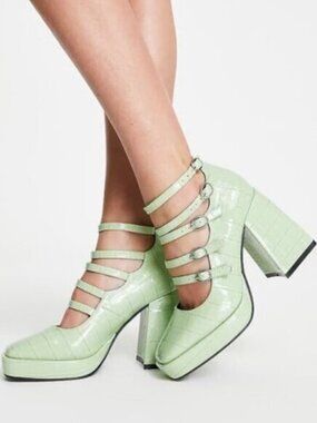 Daisy Street Sage Green Mock-Croc Strap Heels Size 8